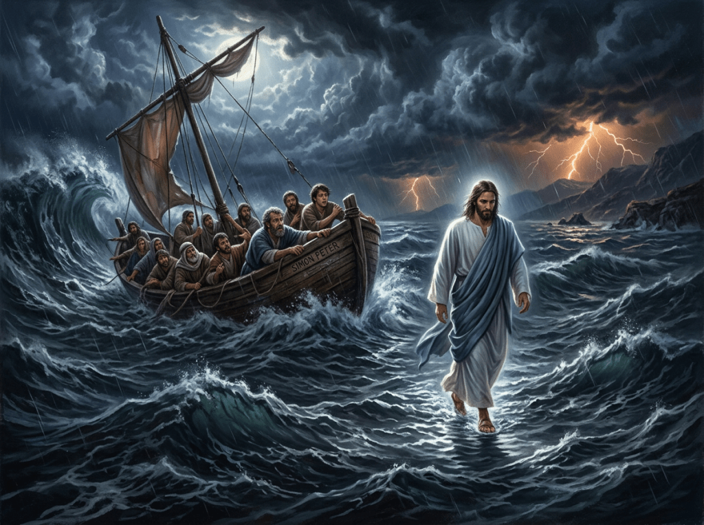 Jesus walking on turbulent water near a boat with fearful men during a storm with lightning